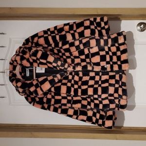 Girlfriend black and pink checkered pattern teddy super soft faux fur coat